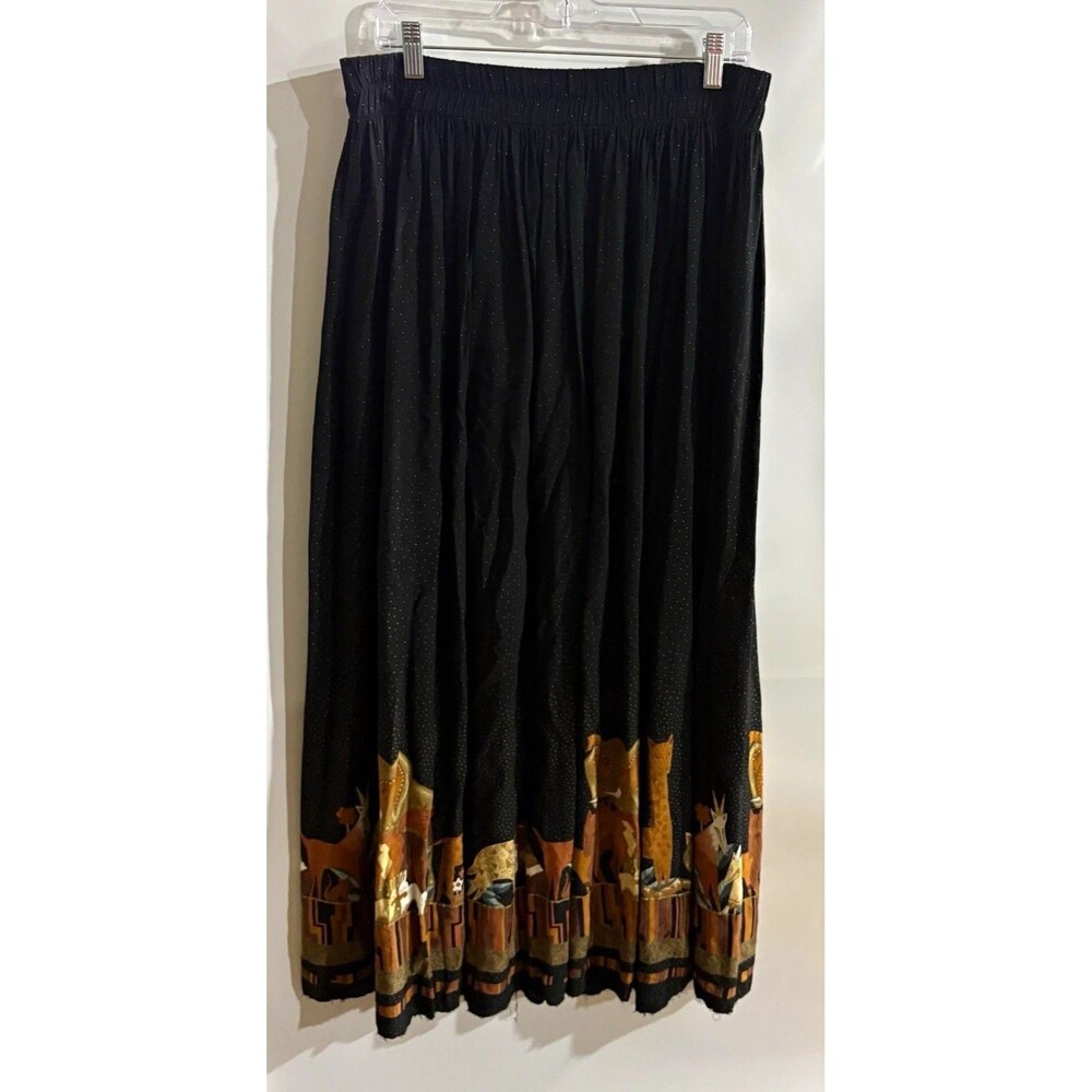 Stonebridge Women's Black Pleated A-Line Midi Skirt Animal Print Hem L Rayon